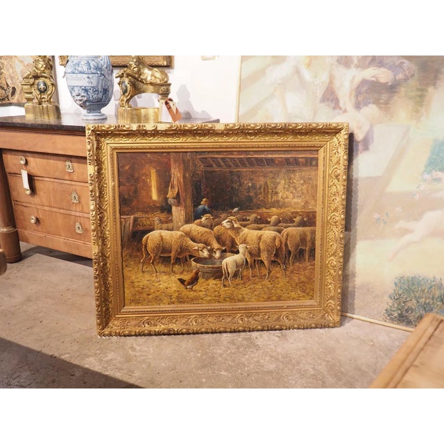 19th Century French Oil on Canvas Painting, “In the Sheepfold”, Signed Lecler For Sale - Image 9 of 13