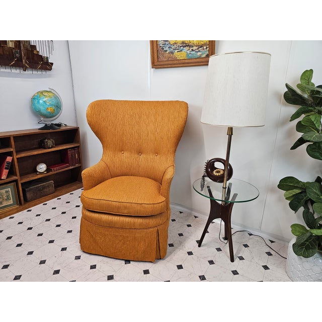 Mid Century Modern Wingback Orange Chenille Chair For Sale In Boston - Image 6 of 9
