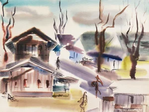'Old Carmel Village' by Dora Masters, 1950's Woman Artist, Bay Area Abstraction, San Francisco Art Association