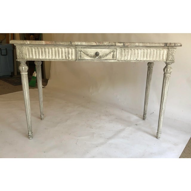 Wood Italian Louis XVI Painted Faux Marble Top Console Table For Sale - Image 7 of 7