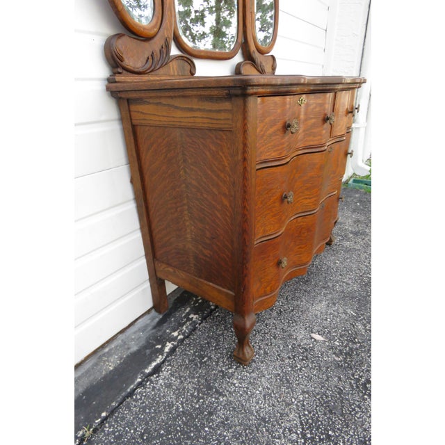 Early 1900s Carved Tiger Oak Low Dresser With Trifold Mirrors Chairish