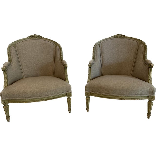 Early 20th Century Louis XVI Painted Fireside Chairs in Grey Upholstery with Flower Detail - A Pair For Sale In Boston - Image 6 of 18