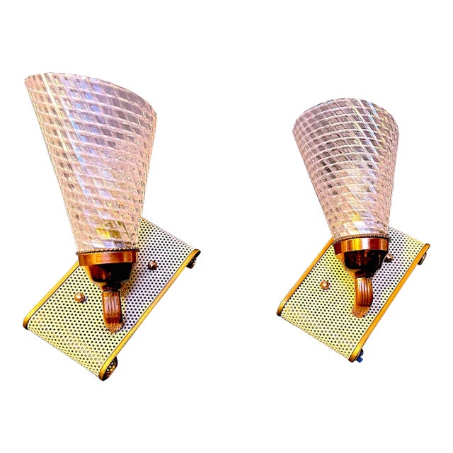 Mathieu Matégot, Pair of Sconces, Perforated Metal, Conic Lucite Lampshade, France Mid-Century For Sale