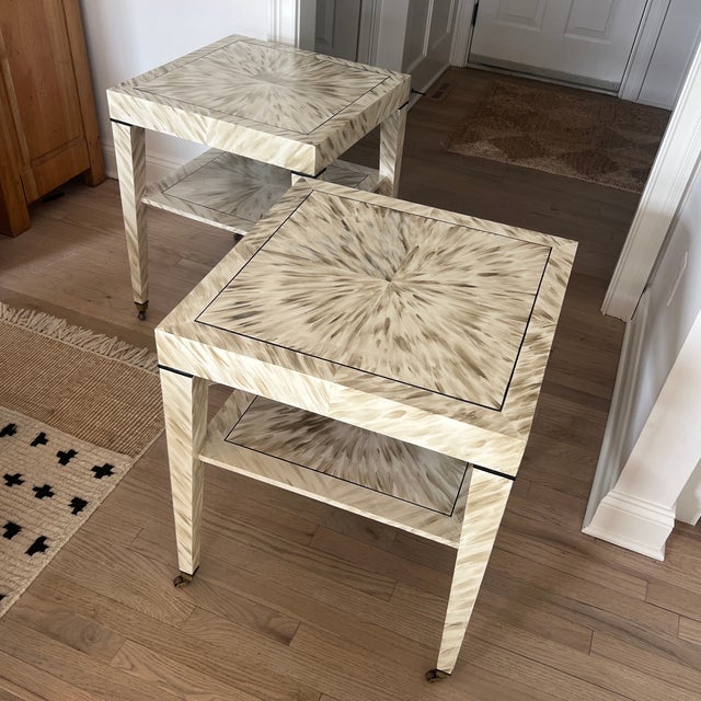 Contemporary Hand-Painted Vintage Mahogany Two-Tier Side Table in Blonde Faux Tortoise With Brass Cup Casters For Sale - Image 3 of 11