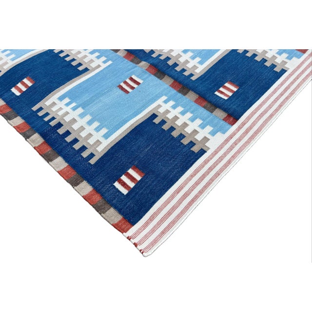 Not Yet Made - Made To Order Handwoven Cotton Area Rug, Natural Vegetable Dyed, Blue, Beige, Cream & Red Geometric Dhurrie - 5'x7' For Sale - Image 5 of 10