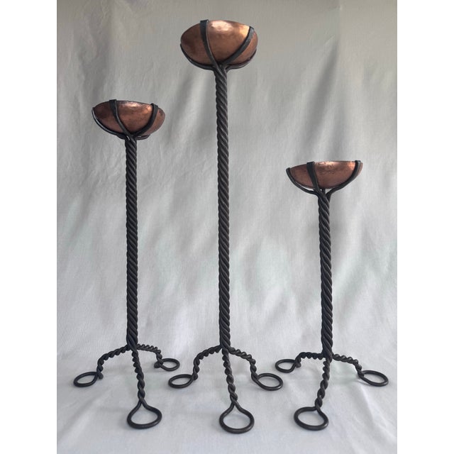 Vintage Brutalist Copper Cup Twisted Iron Metal Candlesticks, Set of Three For Sale In Houston - Image 6 of 11