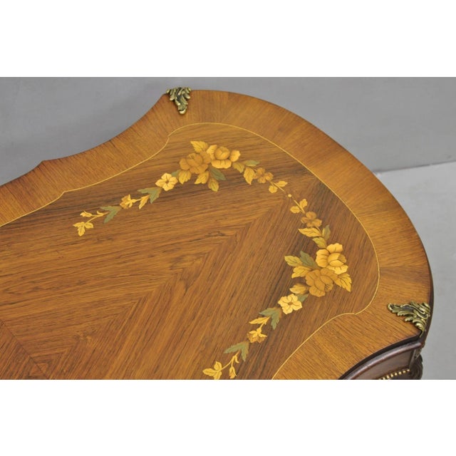Wood Antique French Louis XV Style Floral Inlay Walnut Coffee Table With Drawer For Sale - Image 7 of 15