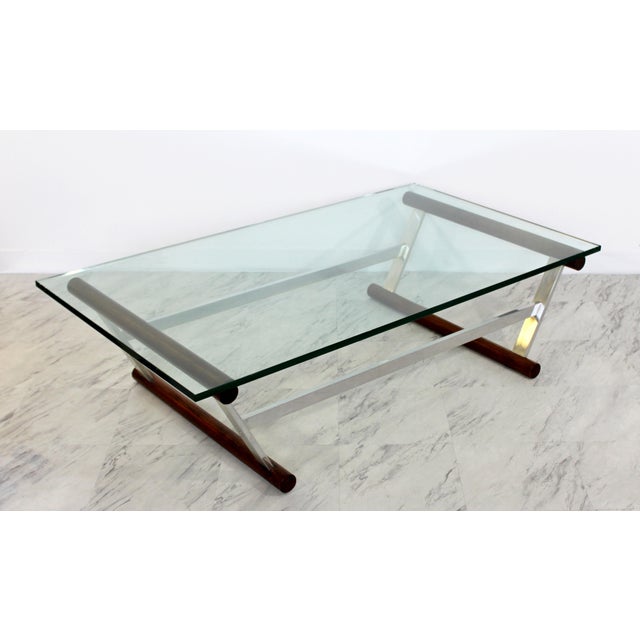 1970s Baughman Style Mid Century Modern Wood Chrome Glass Coffee