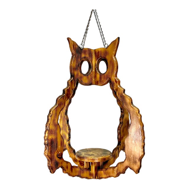 1970s Vintage Boho Chic Folk Art Burnt Pine Owl Hanging Planter. For Sale