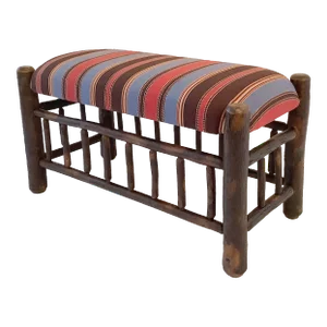 Genesee River 3' Hickory Bench With Blue/Brown/Coral Serape Stripe Upholstery