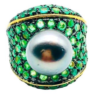 Bochic “Orient” Vintage Emerald & Tahiti Pearl Ring Set In 18K Gold & Silver For Sale