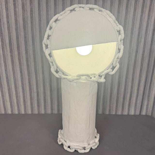 Fabulous contemporary white plaster over reclaimed wood table lamp with chains. Unique one-of a-kind sculptured organic...