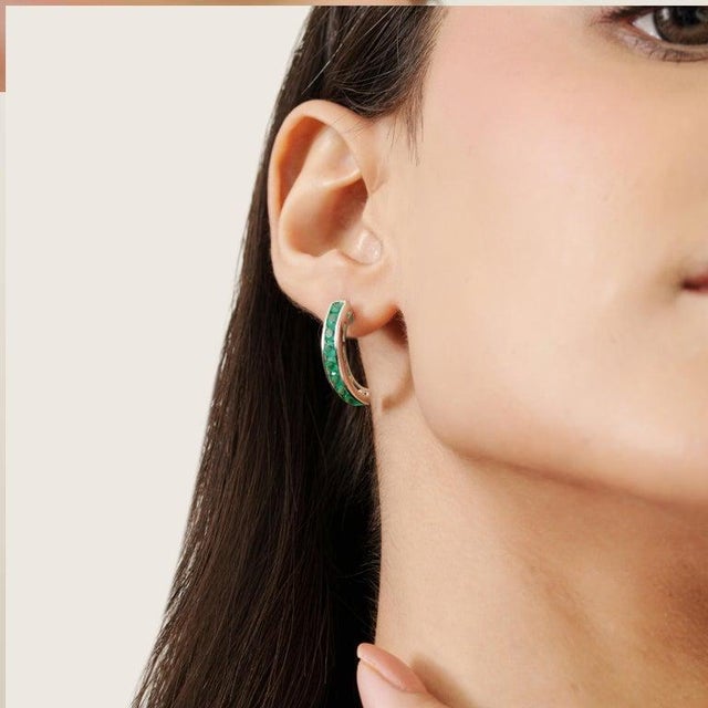 Not Yet Made - Made To Order Green Emerald Channel Set Hoop Earrings in Sterling Silver, A Pair For Sale - Image 5 of 9