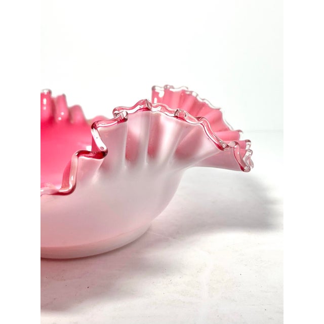 1940s 1940s Vintage Fenton “Peach Crest” Pink & Milk Glass Ruffled Crimped Bowl For Sale - Image 5 of 7