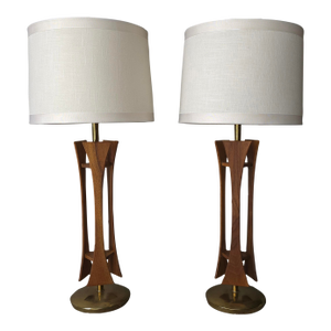 Pair of Mid Century Walnut and Brass Table Lamps