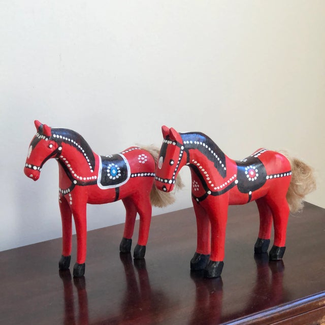 Red Vintage Handcrafted European Wooden Folk Art Horses — a Pair For Sale - Image 8 of 11