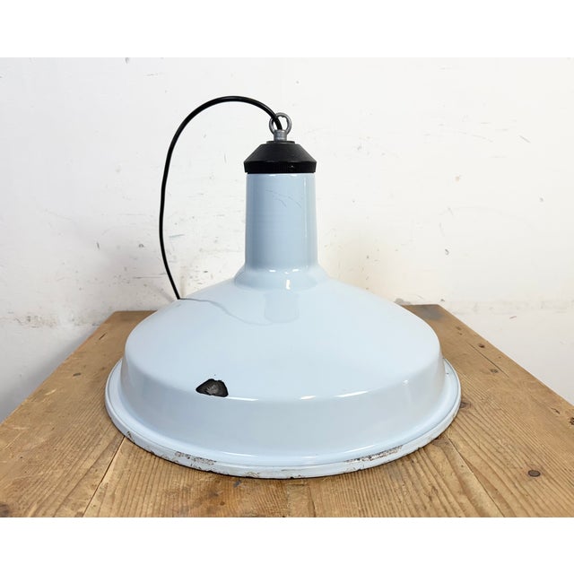 Industrial Light Blue Enamel Factory Pendant Lamp, 1960s For Sale - Image 11 of 18