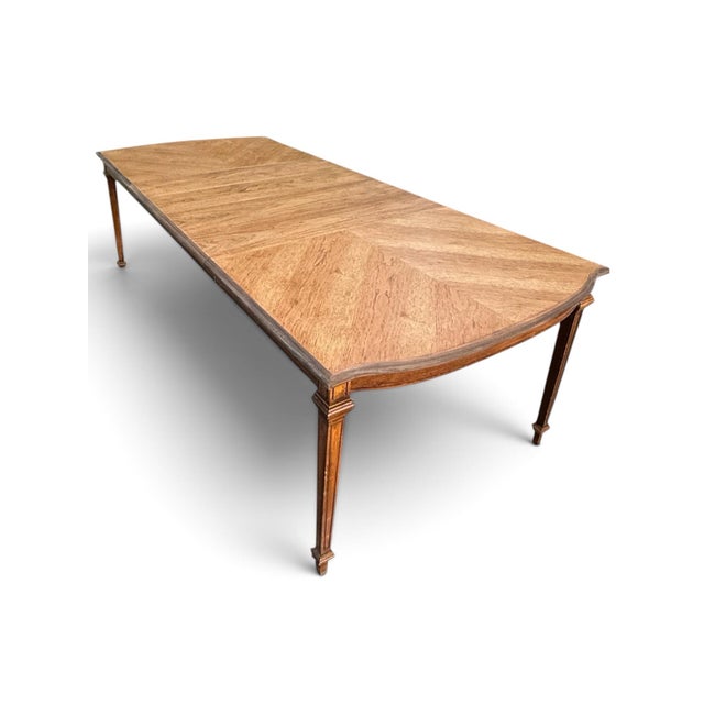 Vintage Refinished Walnut Chevron Veneer Extendable Dining Table With Two Leaves For Sale In Buffalo - Image 6 of 10
