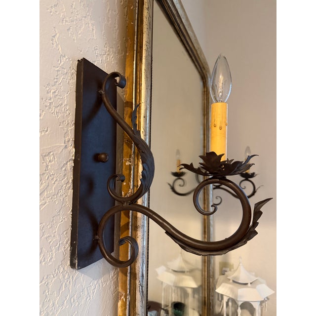 French Pair of Iron Sconces With Leaf Motif For Sale - Image 3 of 4