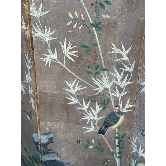 Japanese Antique Hand-Painted Japanese Three-Panel Screen With Birds and Bamboo Motif For Sale - Image 3 of 12
