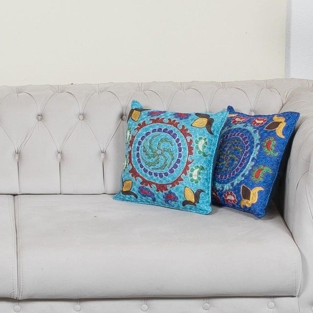 Modern 16"x16" Hand Embroidered Silk and Cotton Cushion Cover. Blue Toss Pillow Cover For Sale - Image 3 of 6