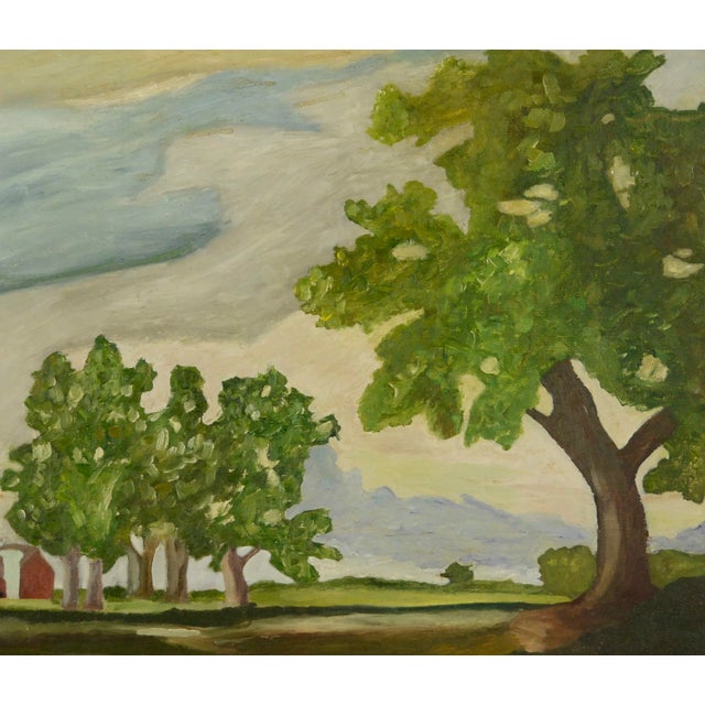 American 850 Oak Trees With Red Barn, Mid-Century Pastoral Summer Landscape For Sale - Image 3 of 8