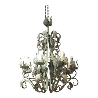 A French Patine Vert Wrought Iron and Tole 8-Light Chandelier, 20th Century For Sale