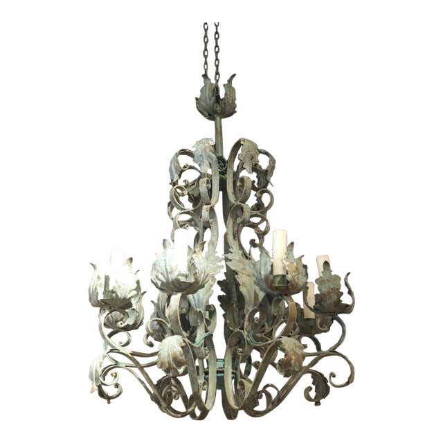 A French Patine Vert Wrought Iron and Tole 8-Light Chandelier, 20th Century For Sale