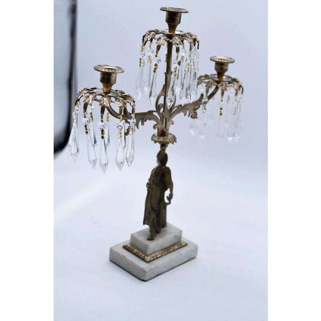 Early 20th Century 18th Century Cast Brass Three Candle Crystal Girandole on Marble For Sale - Image 5 of 12