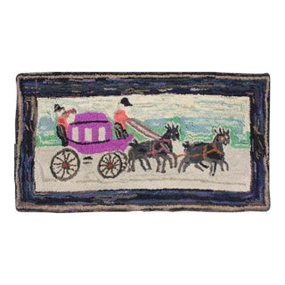 Pictorial Antique American Hooked Rug Horse & Buggy in Multi Colors For Sale