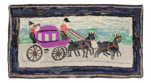Pictorial Antique American Hooked Rug Horse & Buggy in Multi Colors