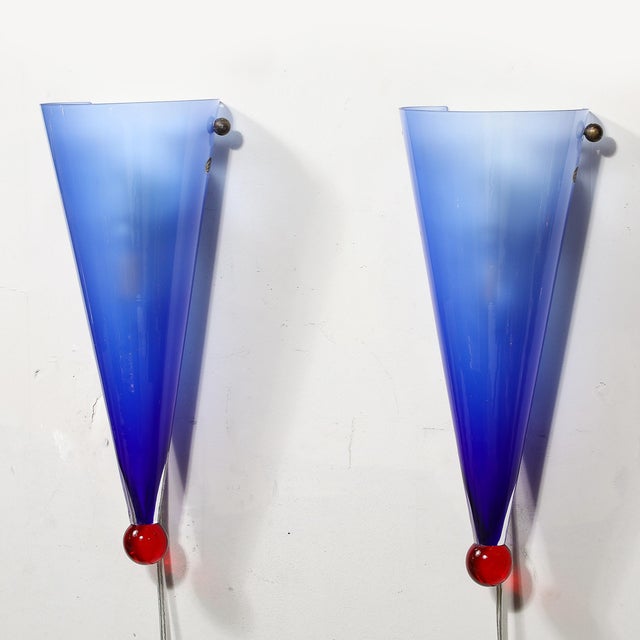 Mid-Century Hand-Blown Periwinkle Murano Glass Conical Sconces Signed Cenedese For Sale - Image 13 of 16