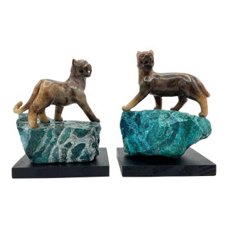 Pair of Early 20th Century Chinese Carved Marble Lions on the Faux Malachite Stone Bases For Sale