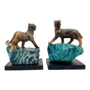 Pair of Early 20th Century Chinese Carved Marble Lions on the Faux Malachite Stone Bases