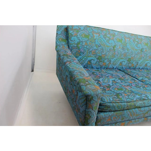 Textile Mid Century Modern Floral Turquoise Large Sofa For Sale - Image 7 of 10