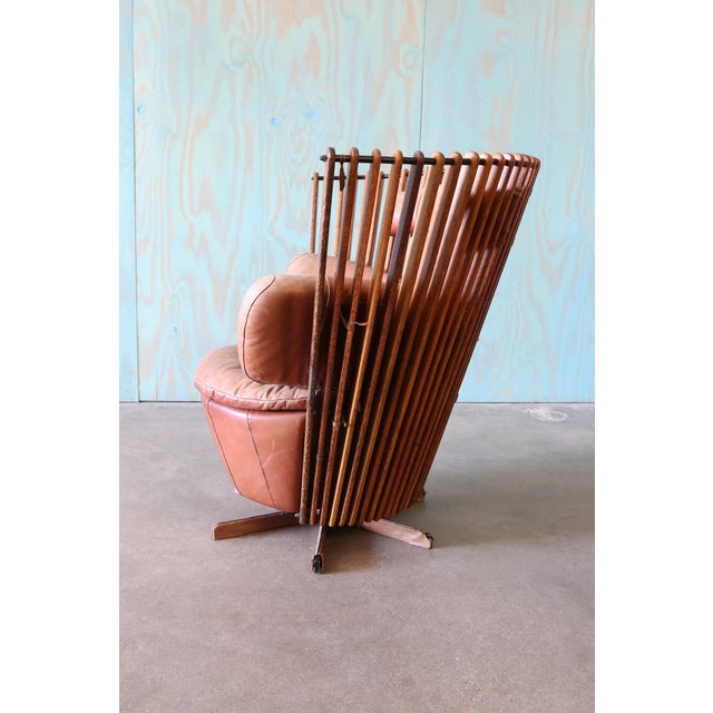 Coastal Pacific Green Tavarua Swivel Lounge Chair Palm Wood and Leather C. 2000s For Sale - Image 3 of 13