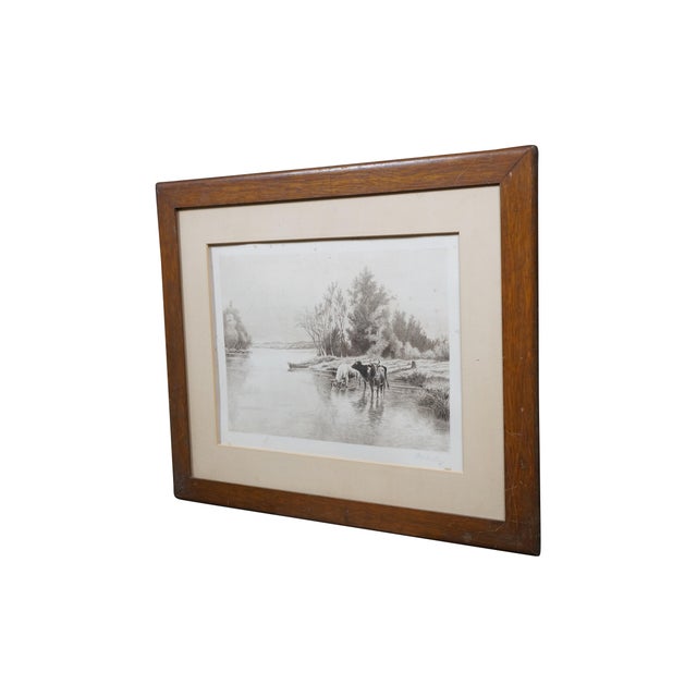 Late 19th century black and white etching by William de la Montagne Cary. Country riverscape / landscape of bulls / cows...