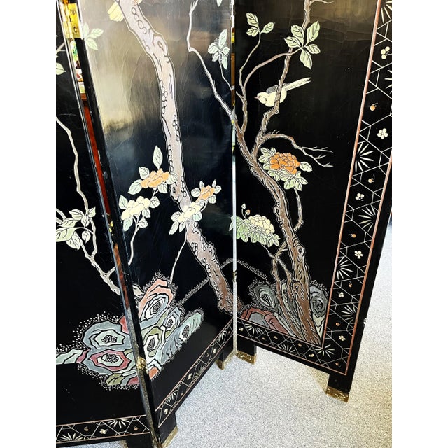 Monumental Vintage Asian Coromandel 4-Panel Floor Screen With Incised Painted Details For Sale - Image 10 of 13