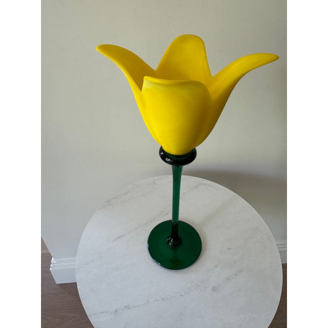 Pure sunshine in glass form — a spectacular Murano-style hand-blown art glass tulip flower vase in the most vibrant,...
