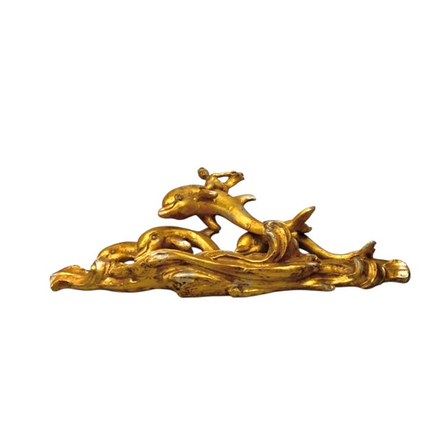 Sculpture Materials Mid-Century Modern Cherub Riding Dolphin Sculpture, Paul Manship Style, Gold, 46"w For Sale - Image 7 of 8