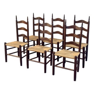 Mid 20th Century Set of 6 French Provincial Ladderback Dining Chairs With Rush Seats For Sale