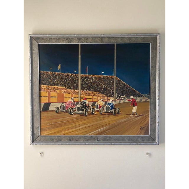 Oil Painting G. Fox Car Race Circa 1930, Framed For Sale - Image 12 of 12