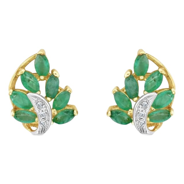 Marquise Emerald Leaf Style Studs with Diamond Pave Accent, 2 Pieces For Sale