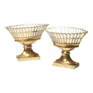 Antique Early 19th C. French Empire Paris Porcelain Gilt Reticulated Centerpiece Baskets or Corbeilles on Stands - a Pair For Sale