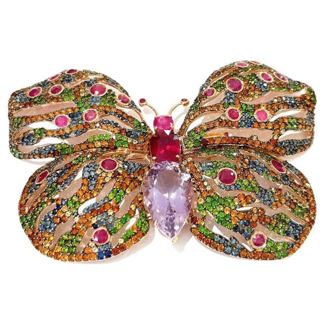 Bochic "Orient" Ruby & Multi Fancy Sapphires Brooch in 18K Gold & Silver For Sale - Image 17 of 18