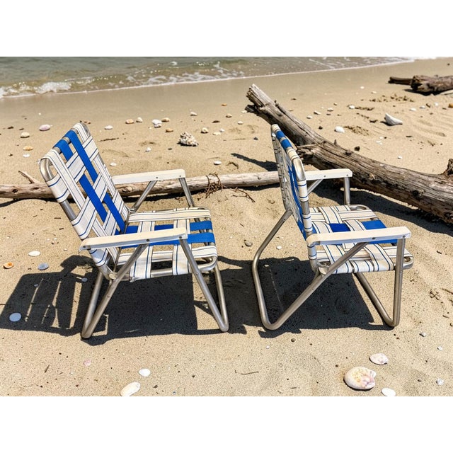 Metal Vintage Aluminum Lawn Chairs Set-Mid Century-Webbed-Folding-Patio Pair-Retro For Sale - Image 7 of 11