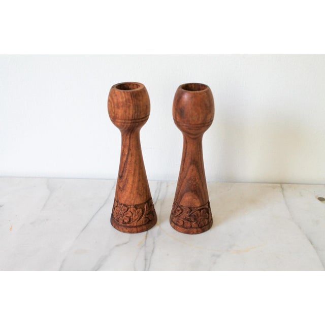 Pair of Hand Carved Wood Candle Holders For Sale - Image 4 of 10