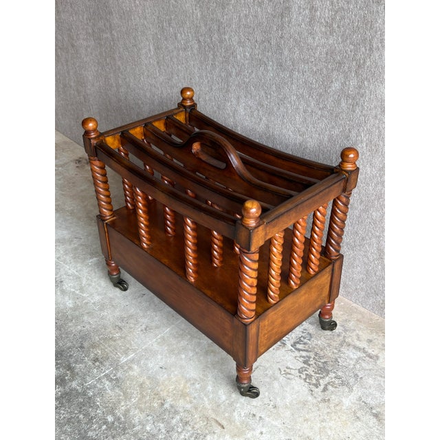 Wood Vintage English Canterbury Barley Twist Wooden Magazine Rack on Metal Casters For Sale - Image 7 of 12