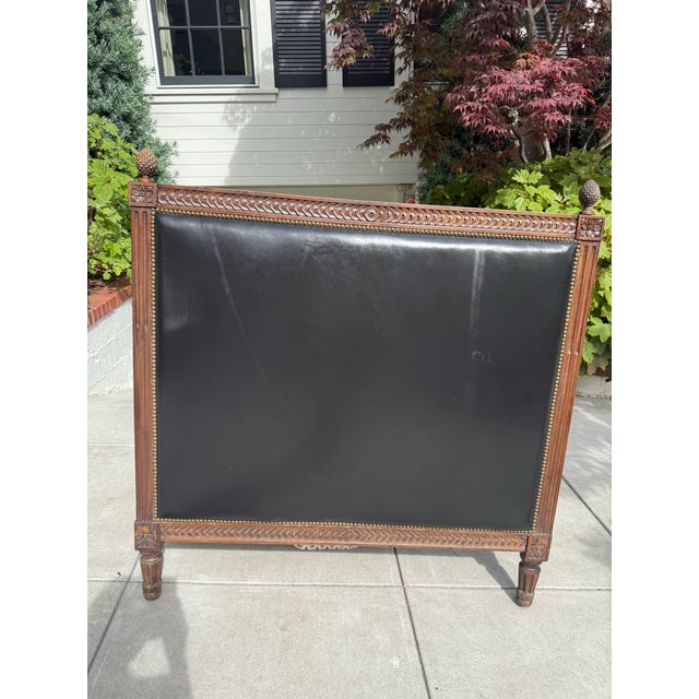 Black Antique Neoclassical Carved Wood & Black Leather Full-Size Headboard, Fluted Posts & Pinecone Finials For Sale - Image 8 of 12