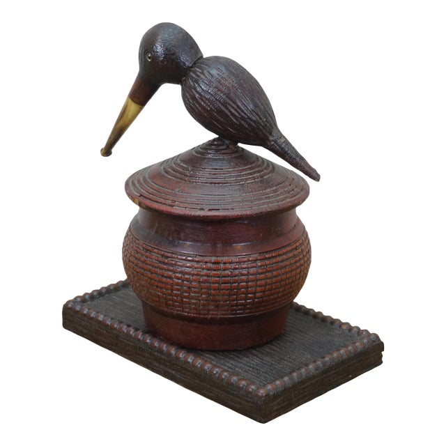 Antique Danish Carved Folk Art Hunt Pipe Bird Tobacco Keepsake Box 8" For Sale